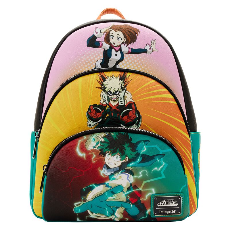 Triple pocket backpack featuring Ochaco Uraraka, Katsuki Bakugo, and Deku (Izuku Midoriya) from My Hero Academia